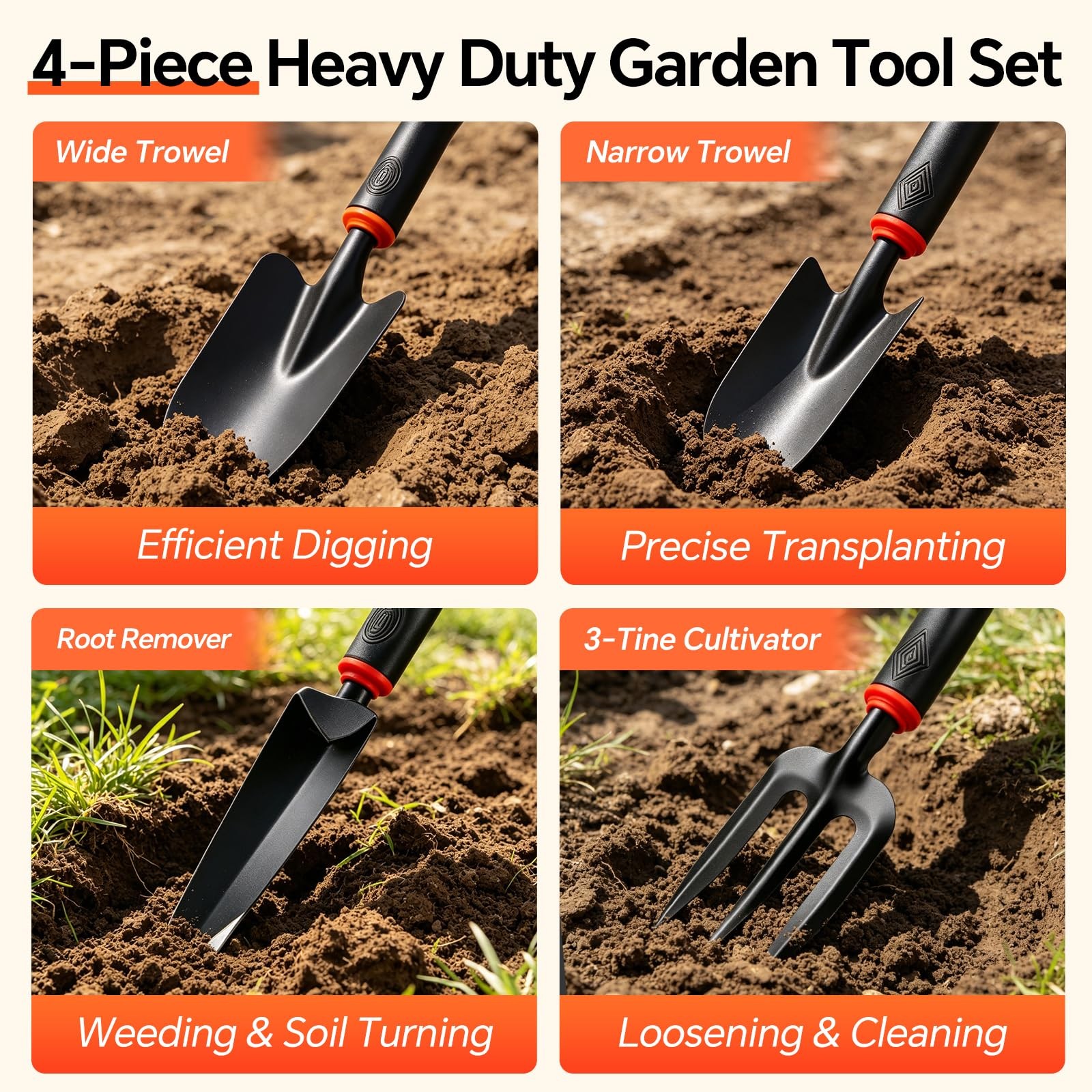 4-Piece Heavy-Duty Garden Tool Set, Wide & Narrow Trowel, Root , 3-Tine Culti…