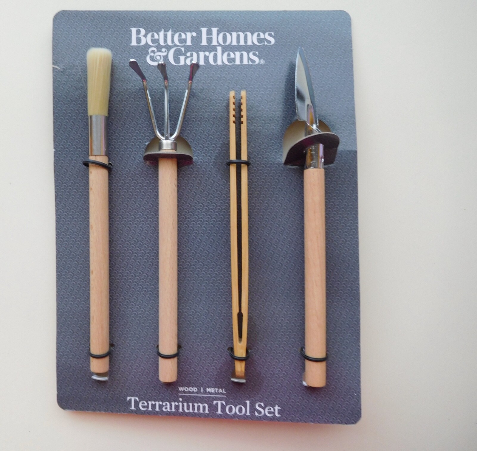 Better Homes & Gardens Wood Metal Terrarium Tool Set Rake Shovel Brush Tweezers