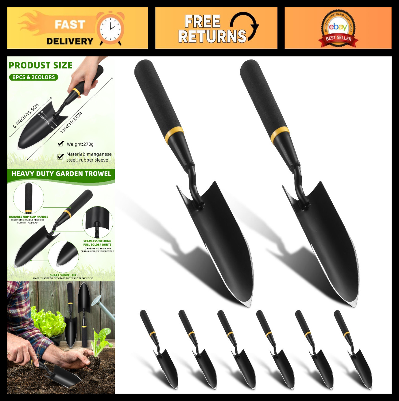8 Pcs Heavy Duty Carbon Steel Garden Trowels & Shovels Set with Rubber Handle –