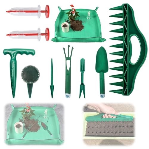 Upgraded All-in-One Gardening Tool Kit – 12-Hole Punch, Seed Planter & Mat – 10