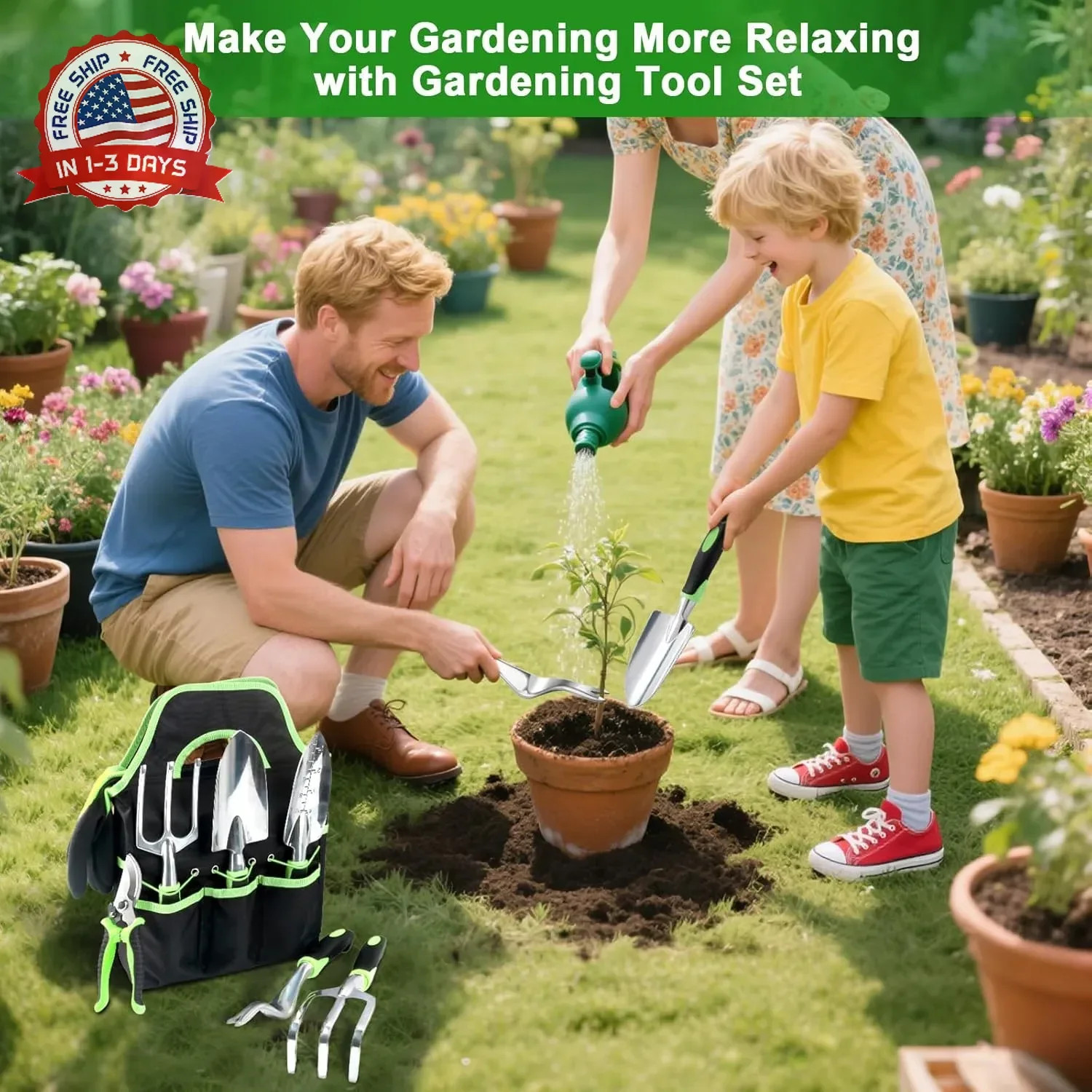 Garden Tools Set, 8 Piece Gardening Tools Set with Non Slip Ergonomic Handle, He