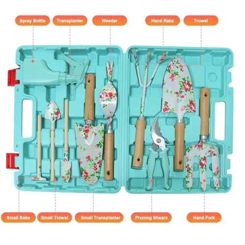 Light Green Gardening Set, 10-Piece Garden Tool Kit with Trowel, Hoe, Shovel