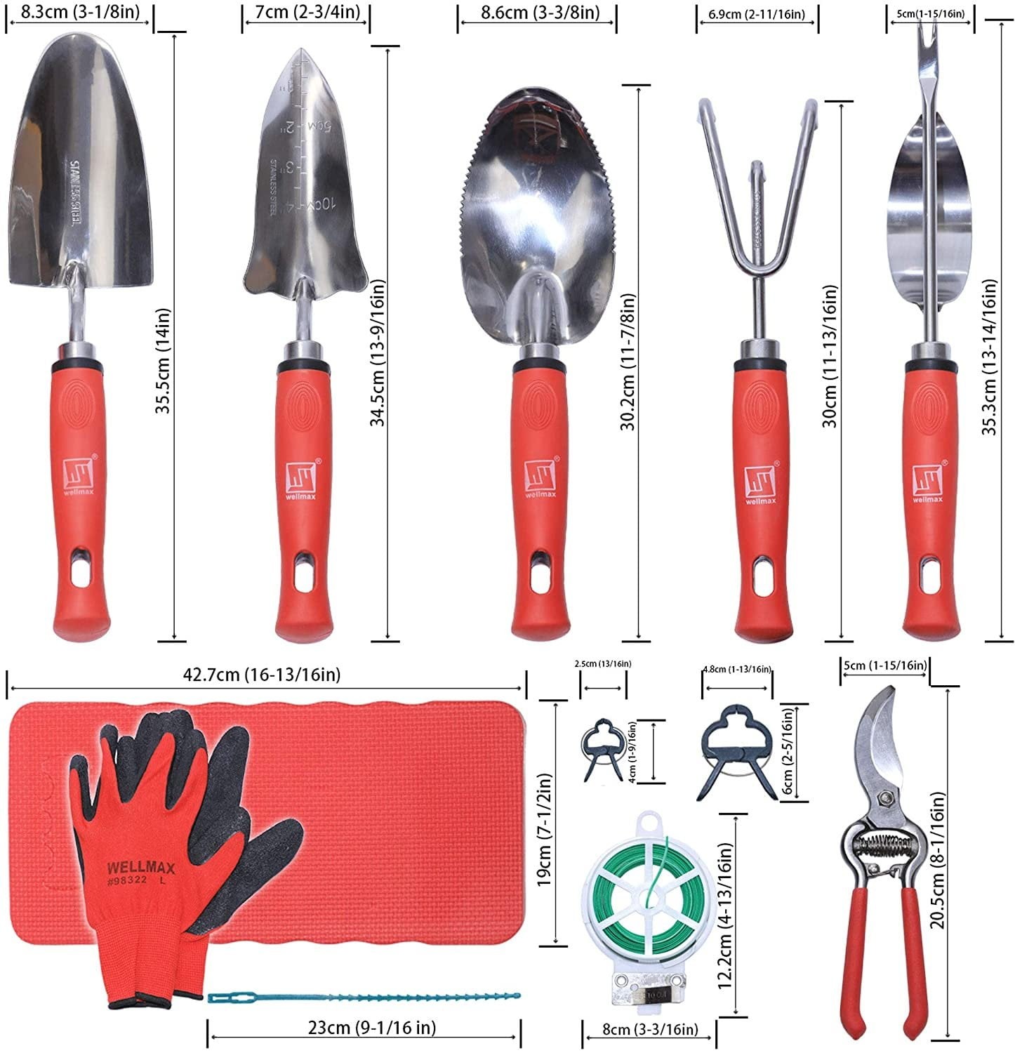Garden Tools Set of 12 with Gardening Gloves, Pruning Shear and 7 Piece Stainles