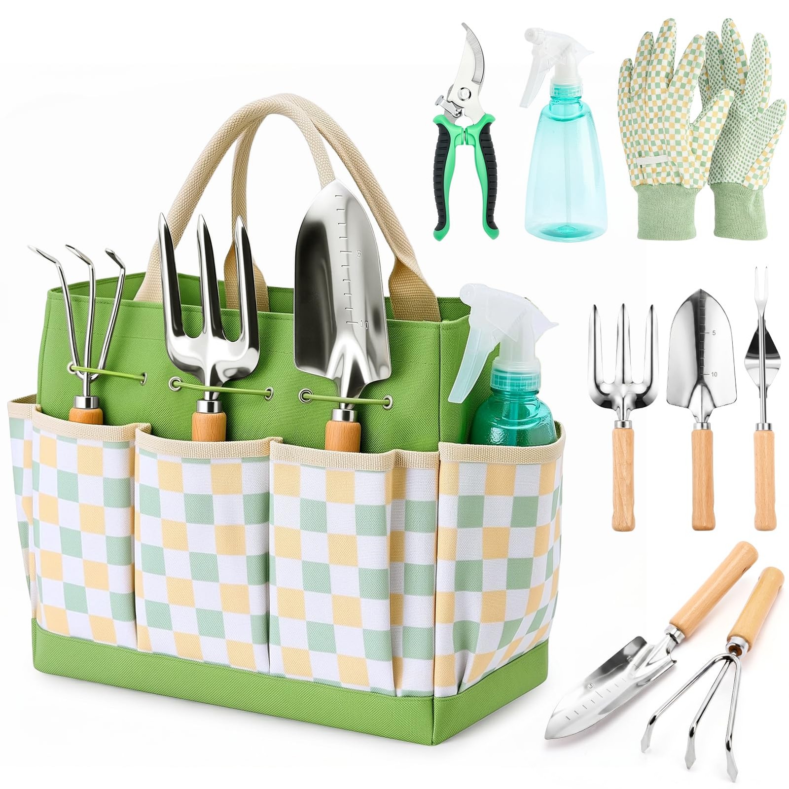9 PCS Heavy Duty Gardening Tool Set Ergonomic Rust Resistant Tote Bag Kit