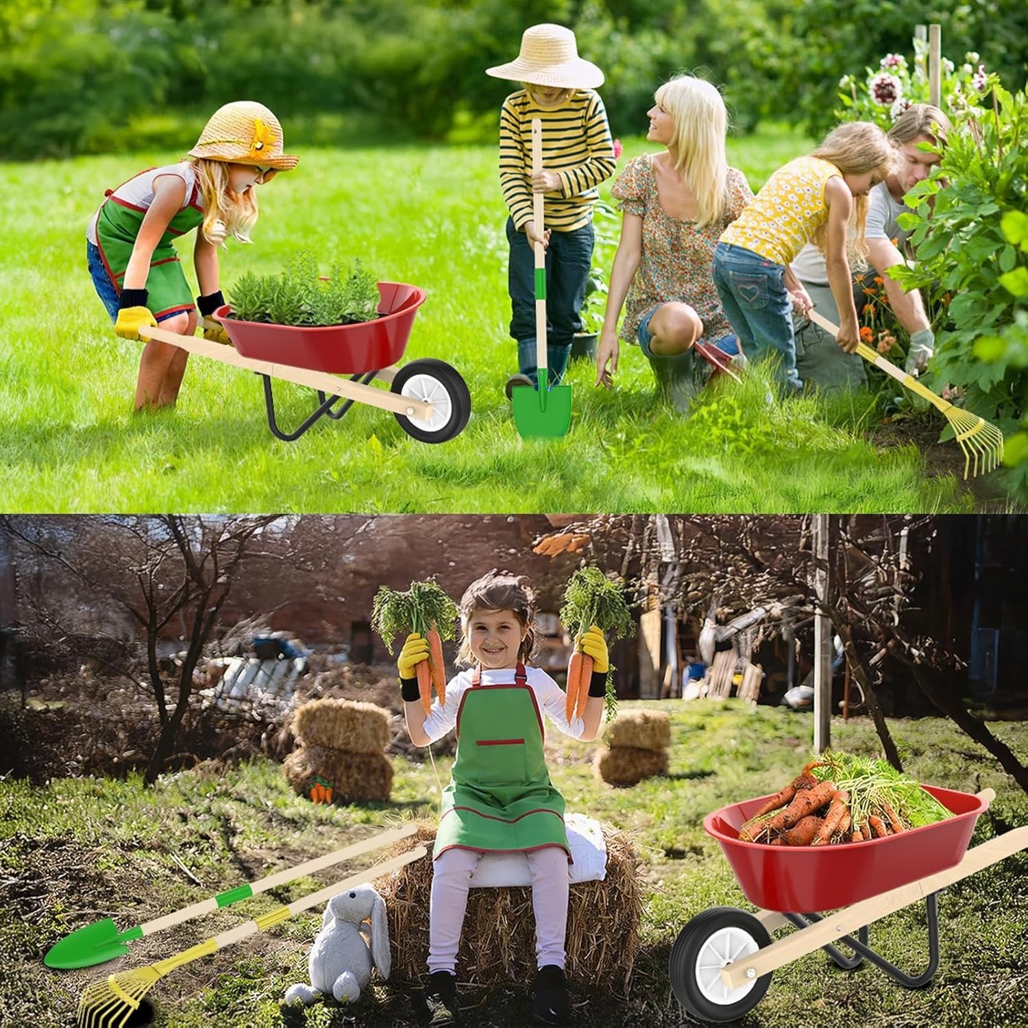 Kids Gardening Wheelbarrow Set, Metal & Wooden Garden Tools for Kids Ages 3-8…