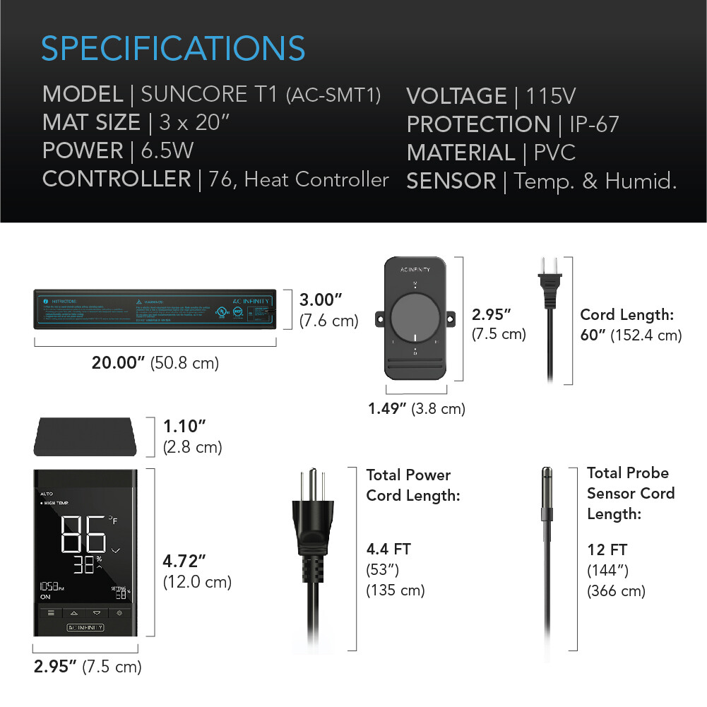SUNCORE T1, Waterproof Seedling Mat, Digital Thermostat, Heat Controller, 3″x20”