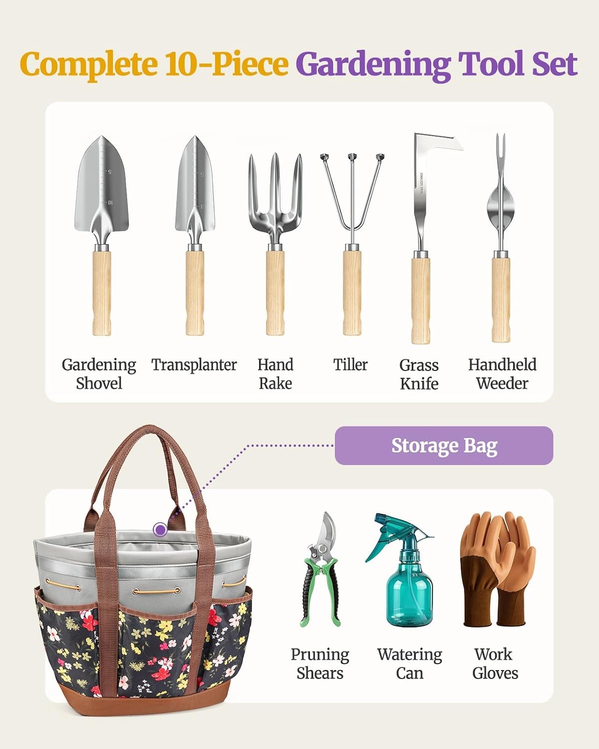 Stainless Steel Wooden Handle Gardening Tools Set Storage Bag Gift For Women Mom