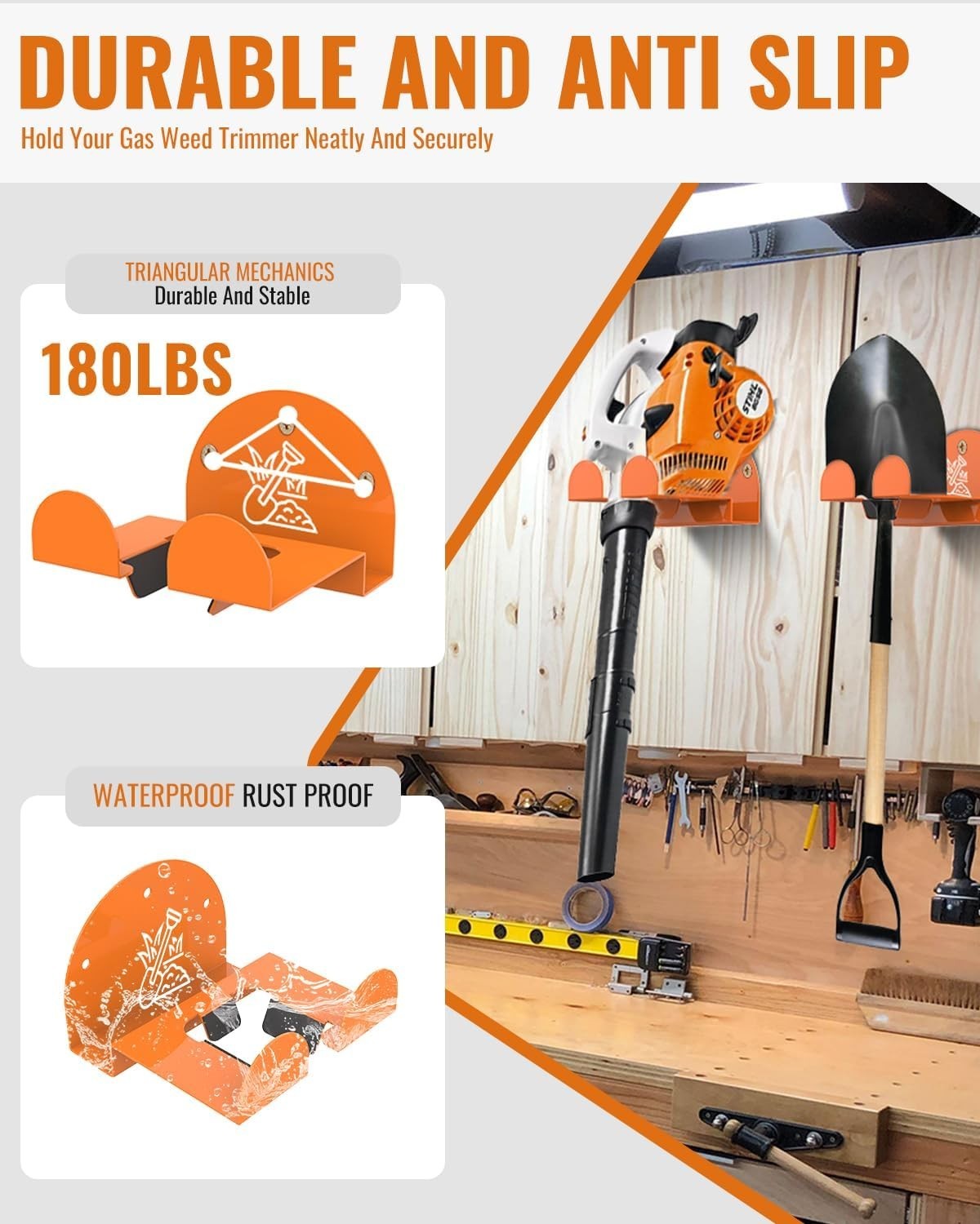Weedeater Rack & Snow Shovel Hanger 4 Pack 180LB Heavy-Duty Alloy Steel Wall