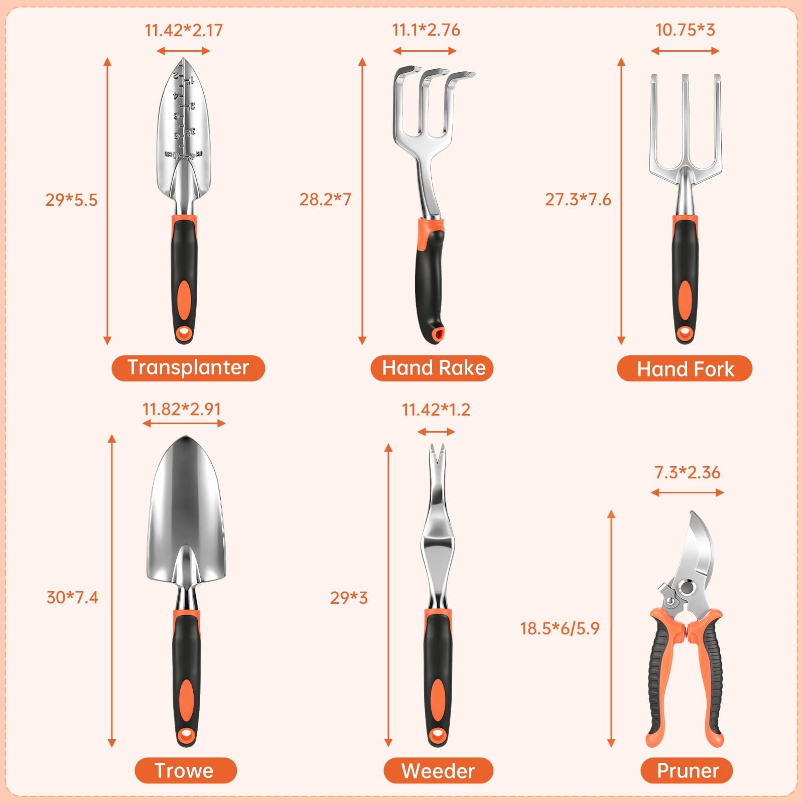 9 Piece Garden Tools Set Heavy Duty Stainless Steel Kit with Non Slip Ergonomic