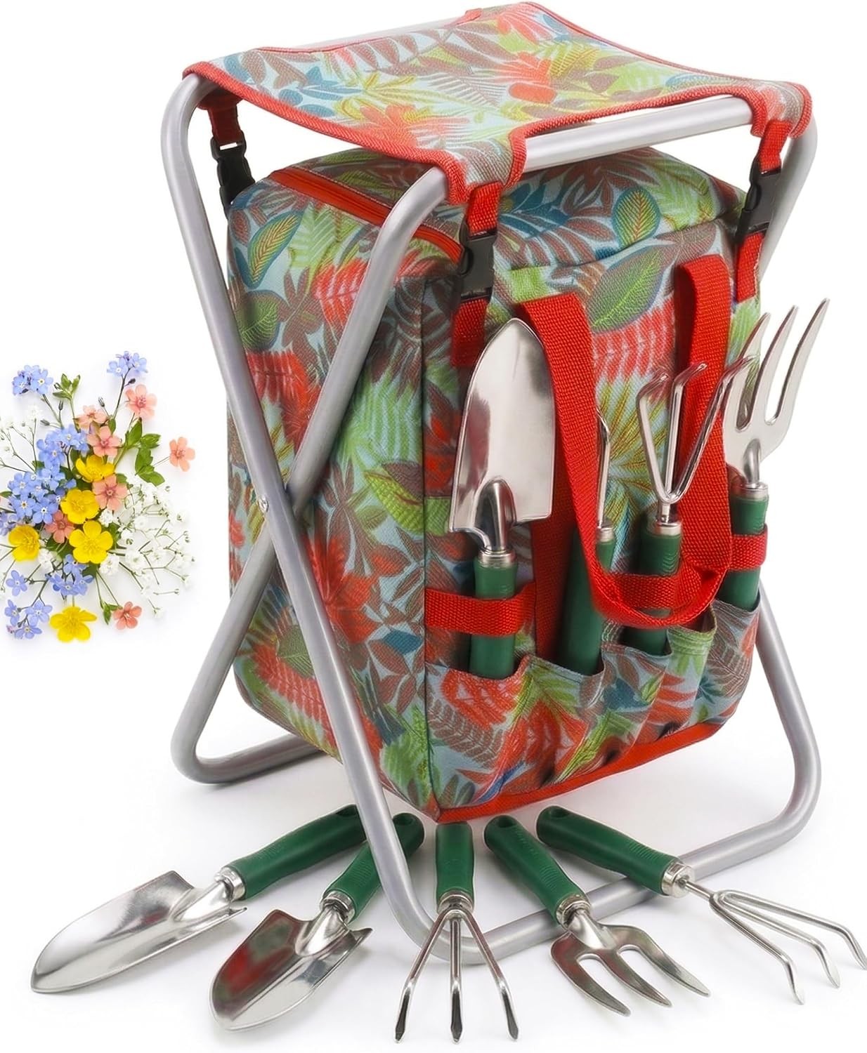 7-Piece Garden Tool Set with Tote and Folding Stool Seat