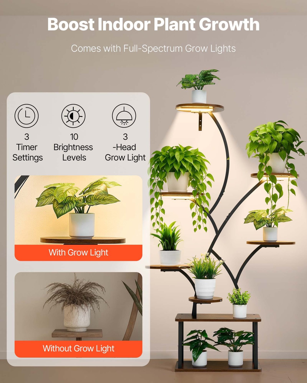 Plant Stand Indoor with Grow Lights, 62 in Tall 8-Tier Lighted Plant Shelf, Meta