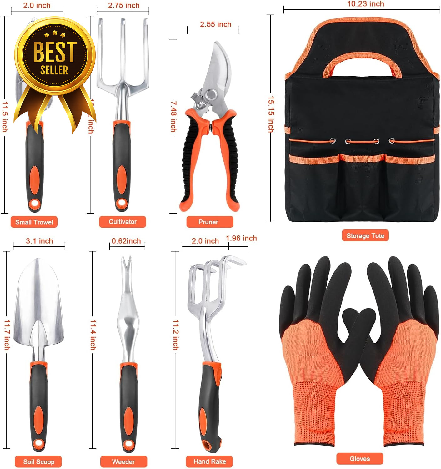 8 Piece Garden Tool Set Ergonomic Hand Tools Kit with Storage Bag Orange