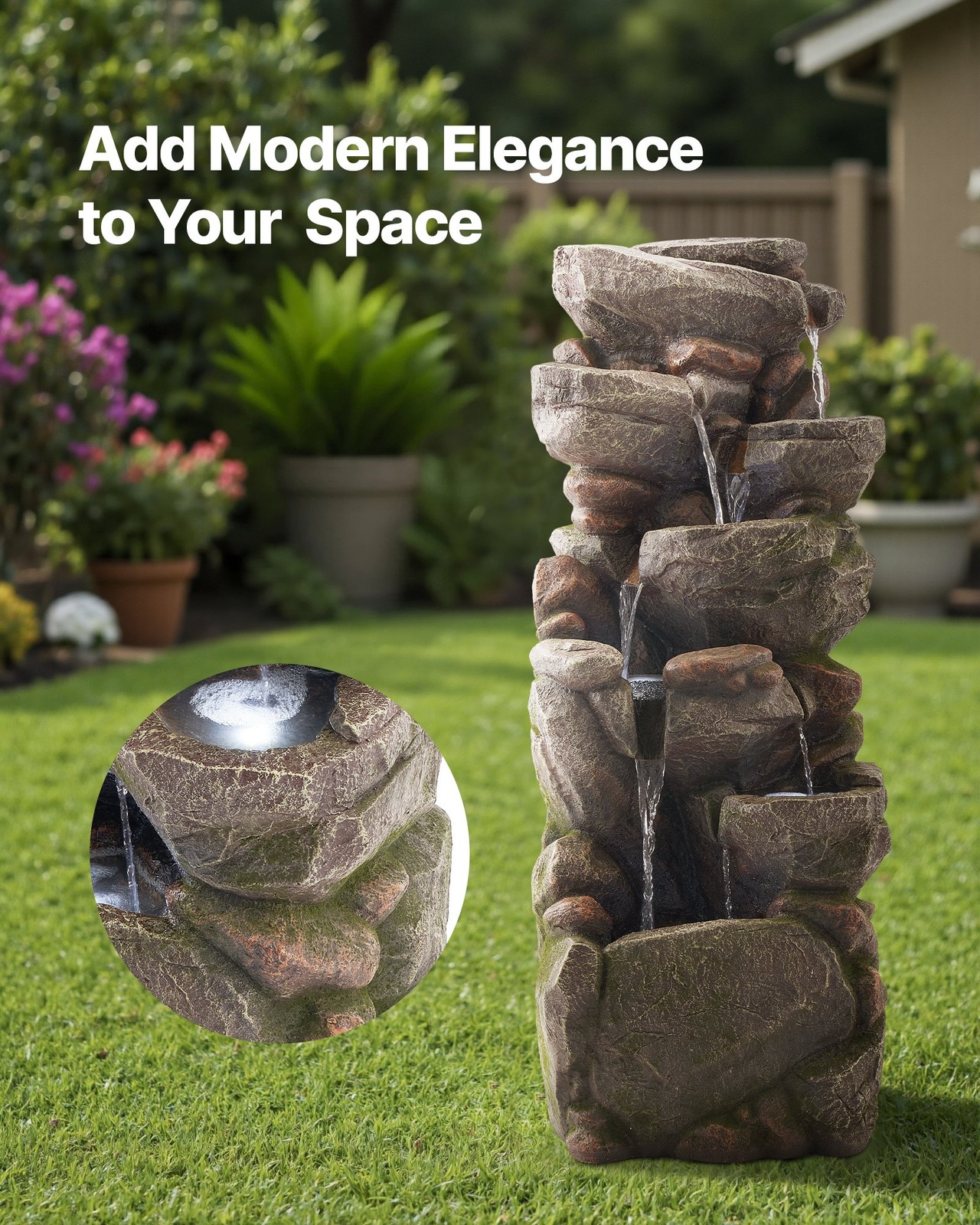 Outdoor Water Fountain,38.98 in Height Fountain and Waterfall,7-Tier Floor Stand