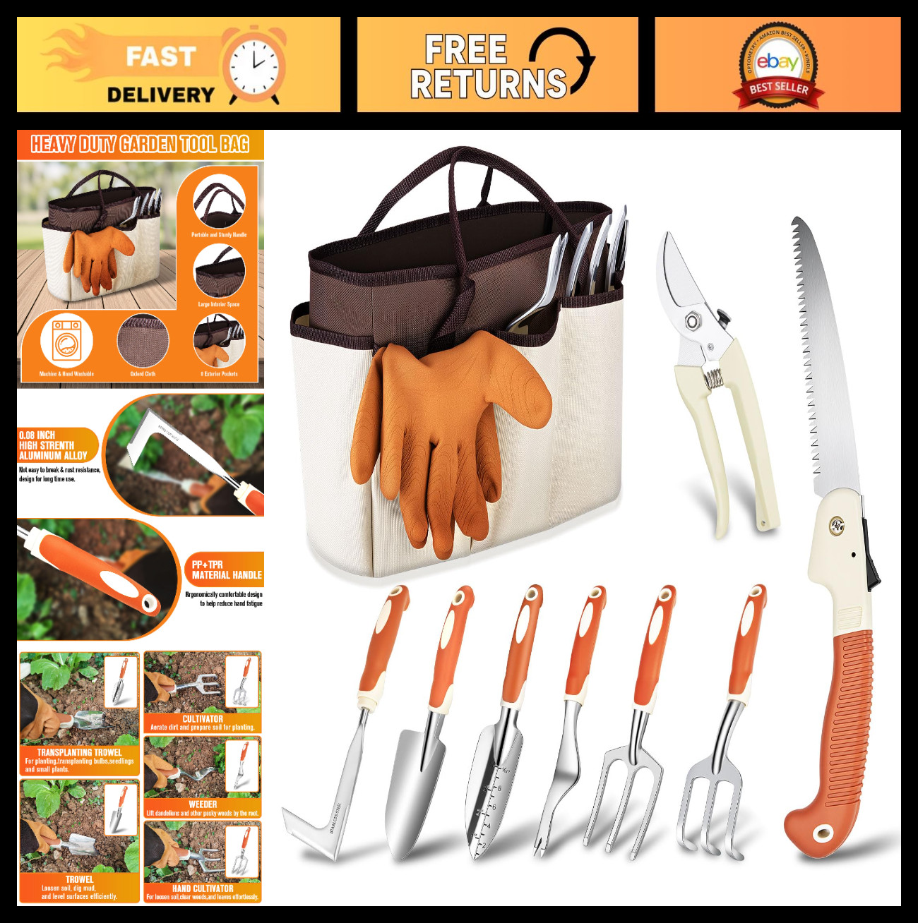 10 PCS Heavy Duty Stainless Steel Garden Tool Set with Storage Bag – Ideal for D