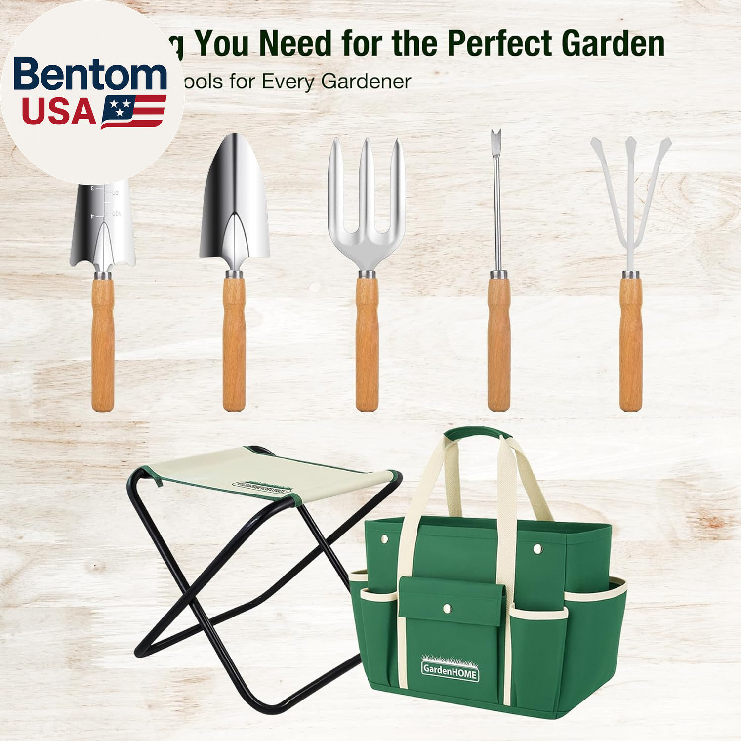 7-Piece Green Gardening Tool Set – Stainless Steel Tools with Wooden Handles, Fo