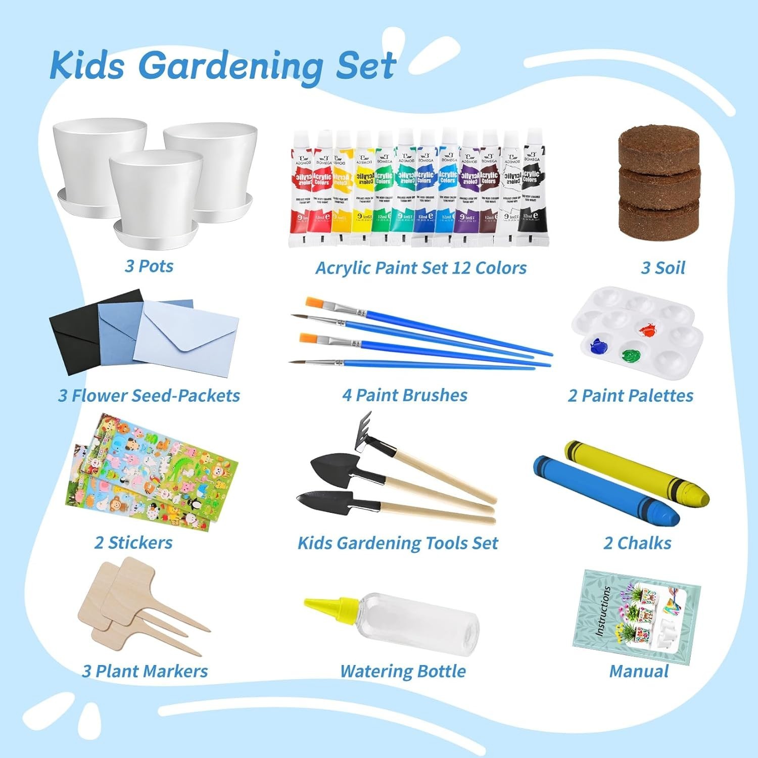 Kids Gardening Set Paint and Plant Flower Gardening Kit with 3 Pots, Kids Gar…