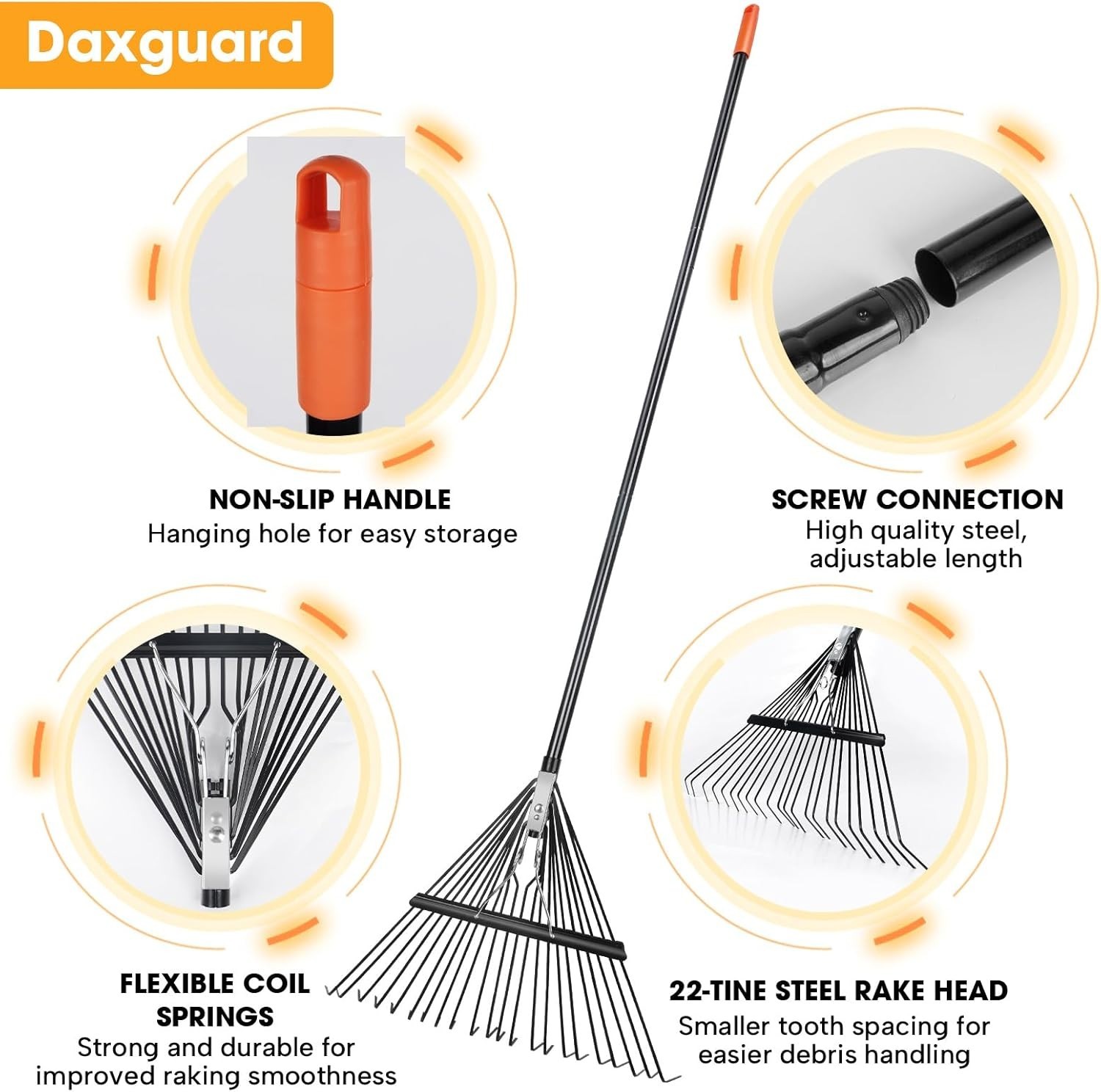 Professional 22 Tines Leaf Rake – Durable 46 HRC Steel, Adjustable 33-67″ Handle