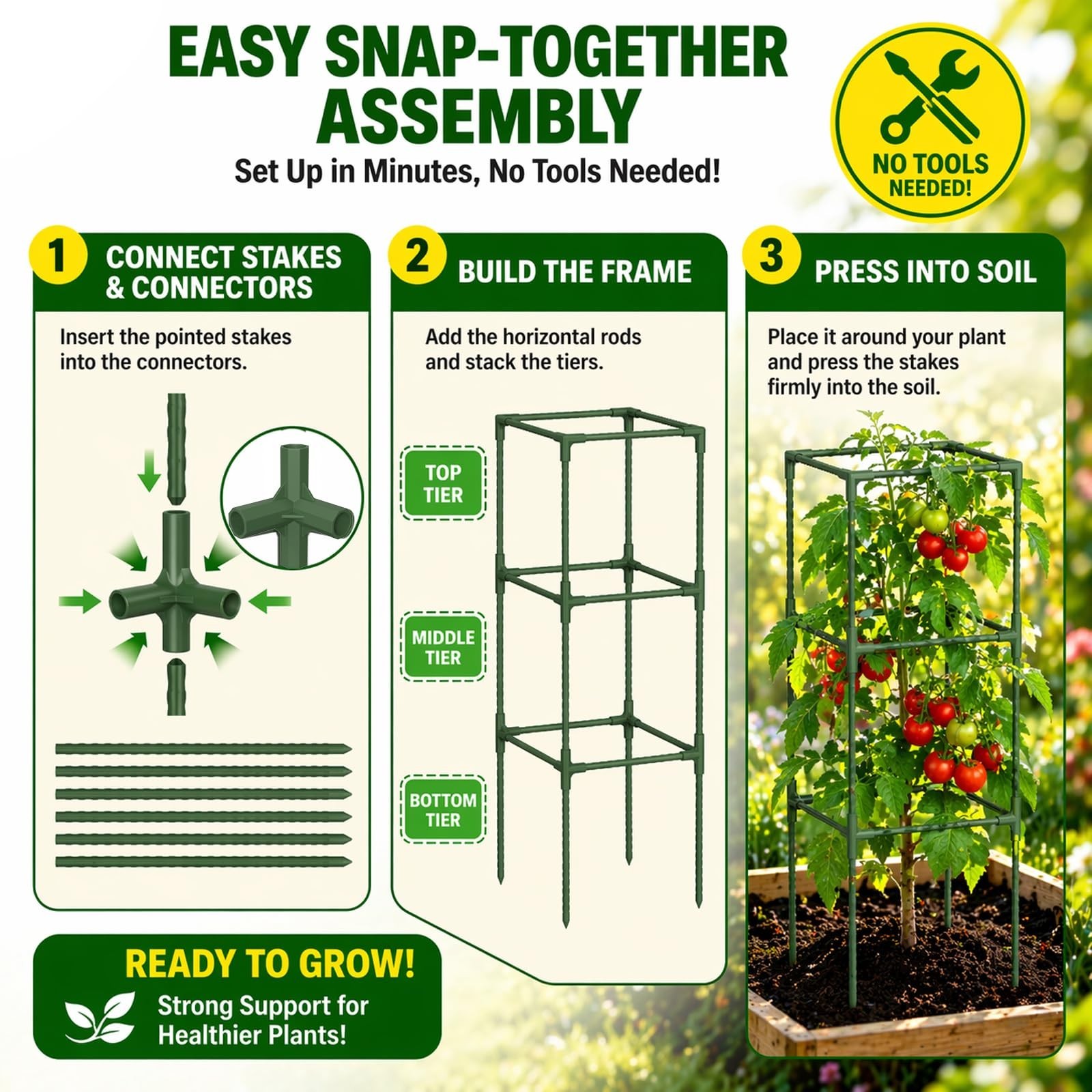 3-Pack Square Tomato Cages, 47.2″ Tall Heavy-Duty Plant Support with 11mm Thi…