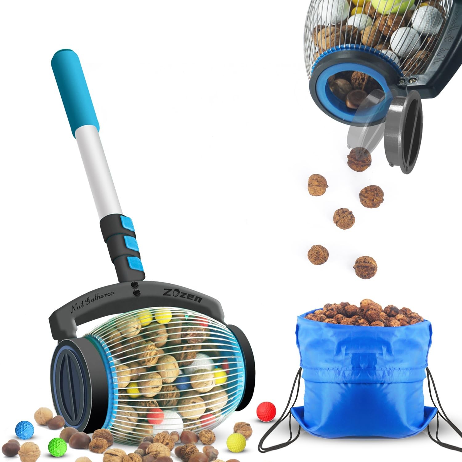 Nut Gatherer 1 Gallon Capacity, Side Opening Dump – Picks Acorns, Pecans, Golf