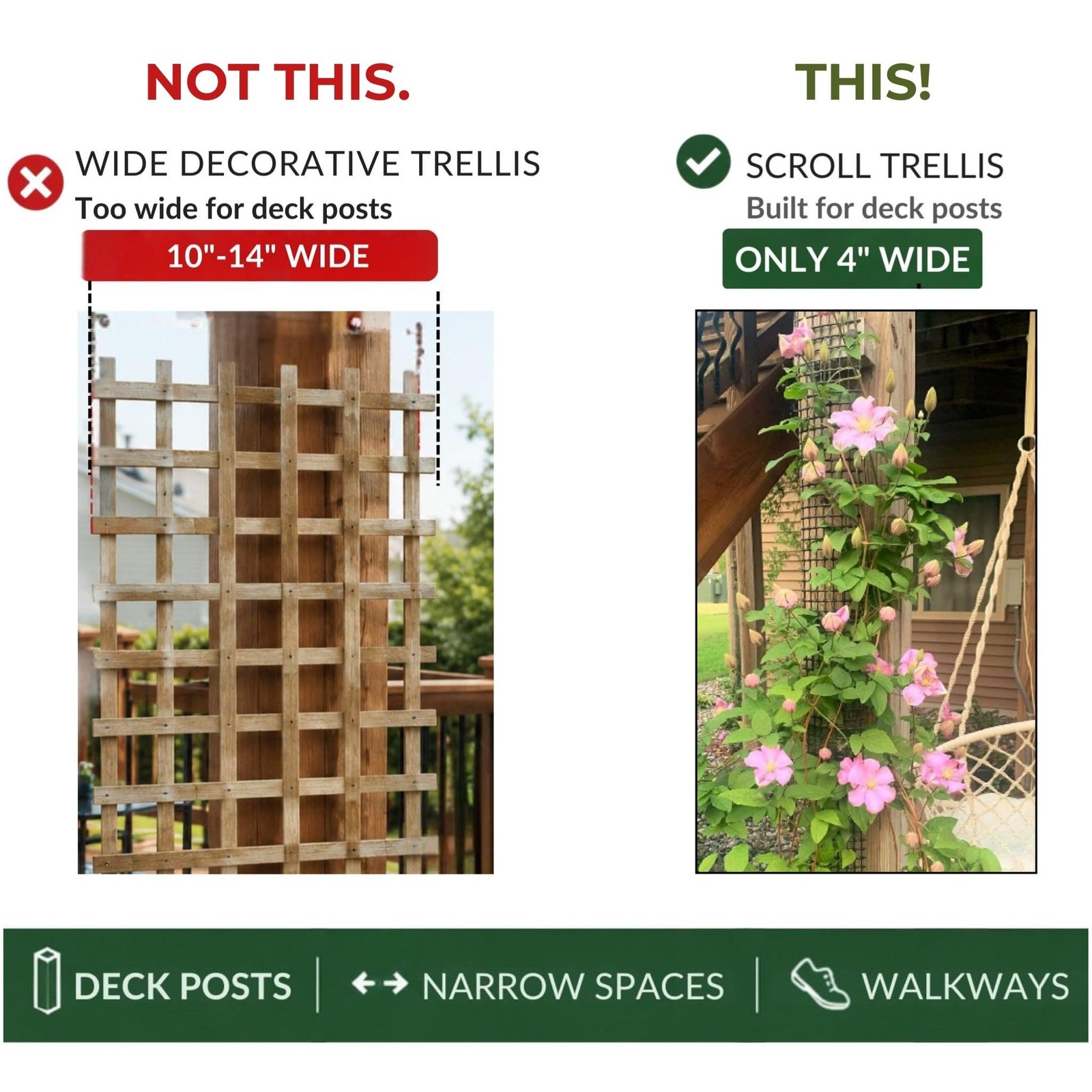 Deck Post Trellis for Clematis and Climbing Plants, 1-Pack | Slim 4-inch trel…