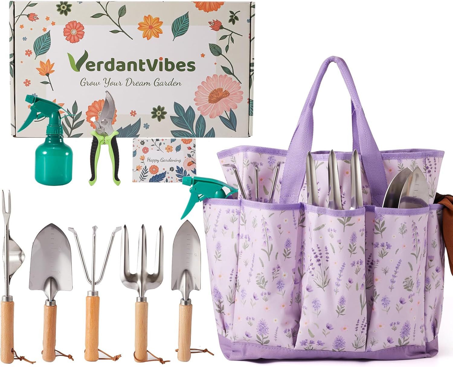 Gardening Tool Set – 10 Piece Stainless Steel Garden Tools with Wood Handle, Pru