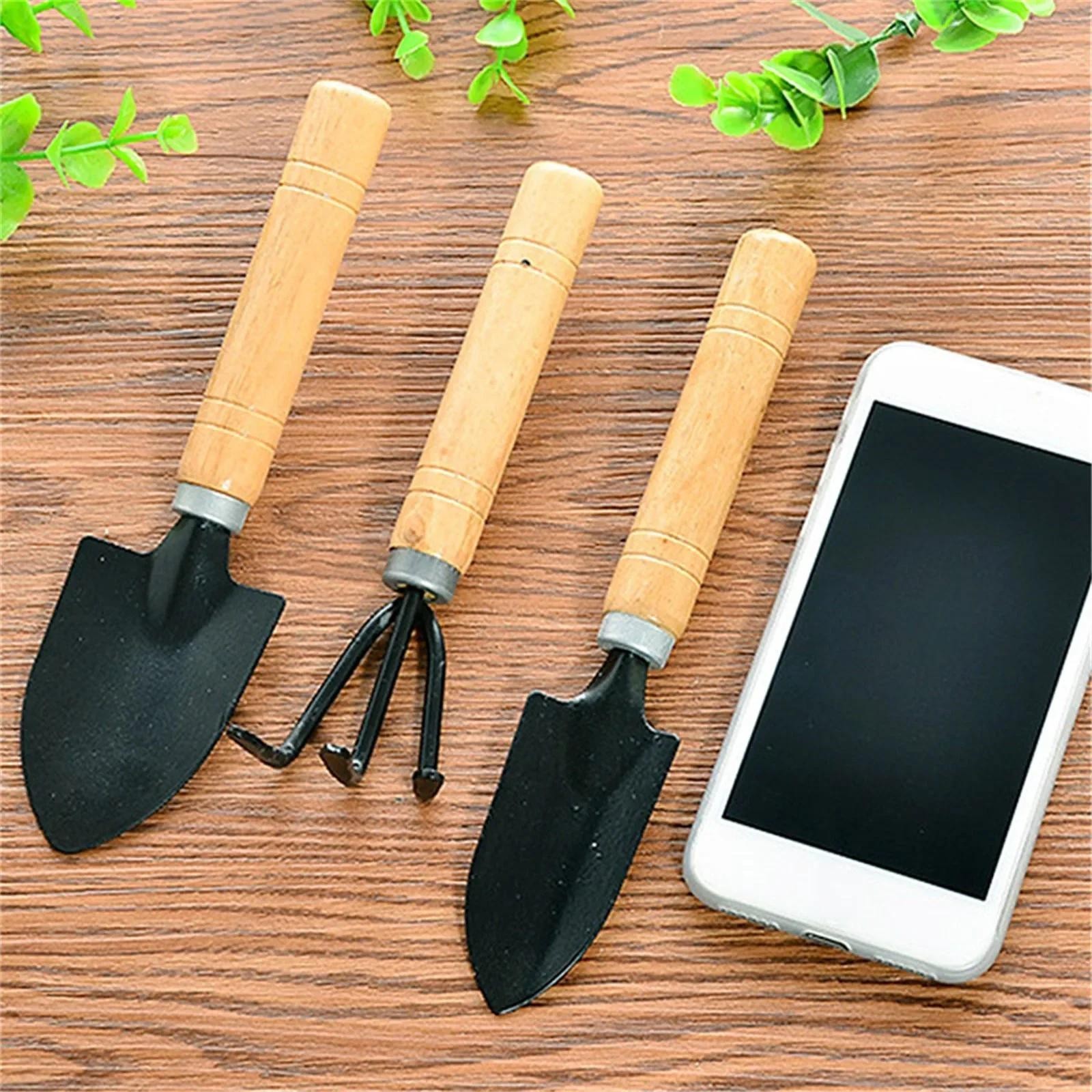 3PCS Mini Garden Tool Set Wooden Handle Trowel Rake Shovel for Succulents Bonsai