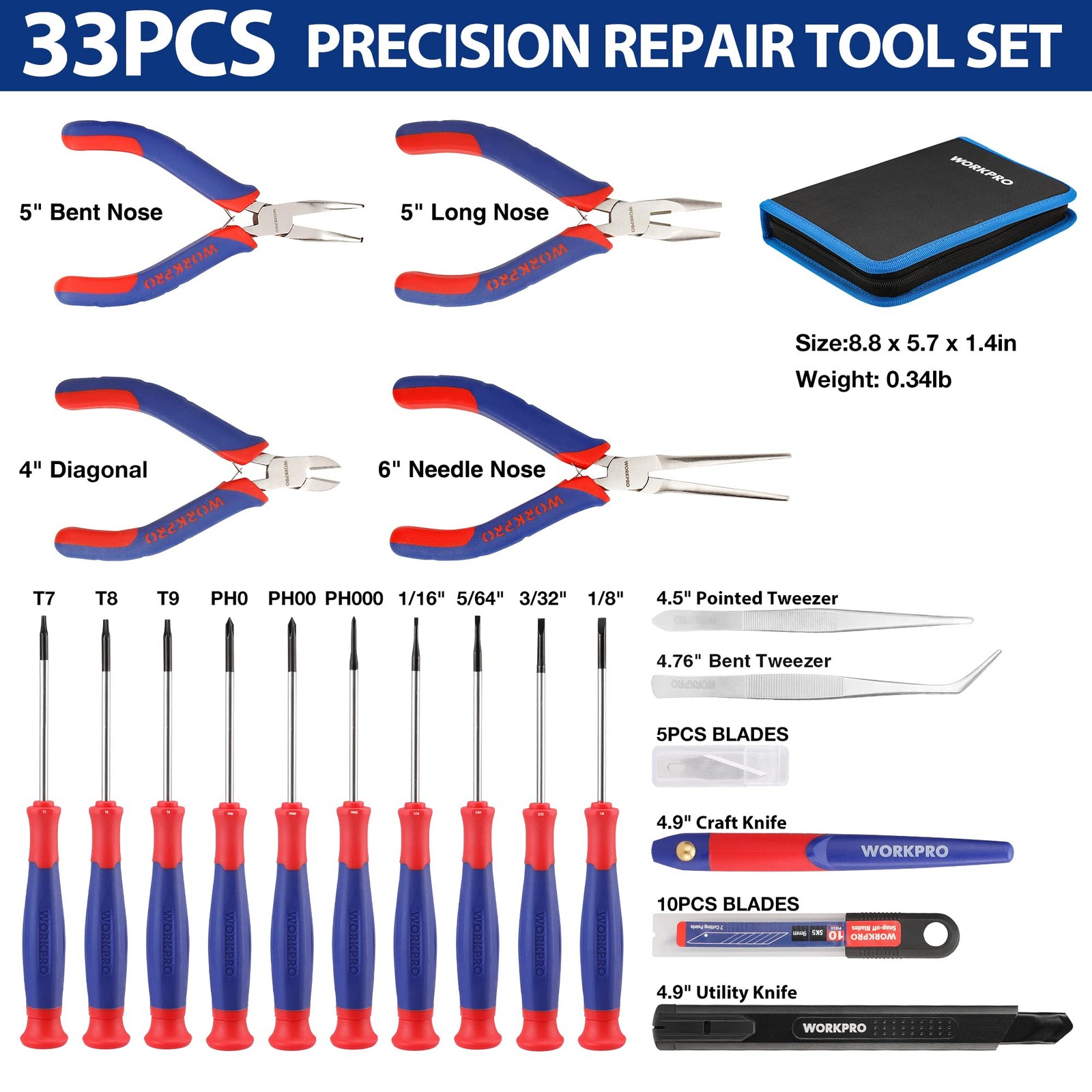 Workpro 33Pcs Precision Repair Tool Set Includes Pliers Set Screwdrivers Set
