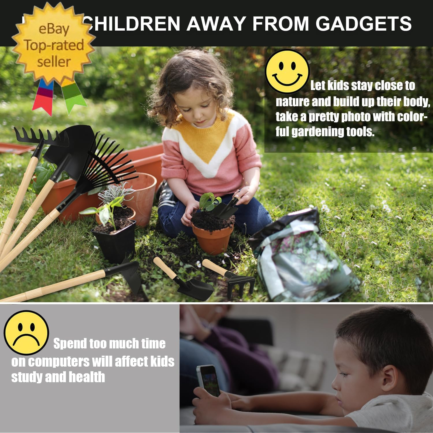 Kids Rake and Shovel Sets, 7PCS Child Metal Gardening Tools for Real Digging