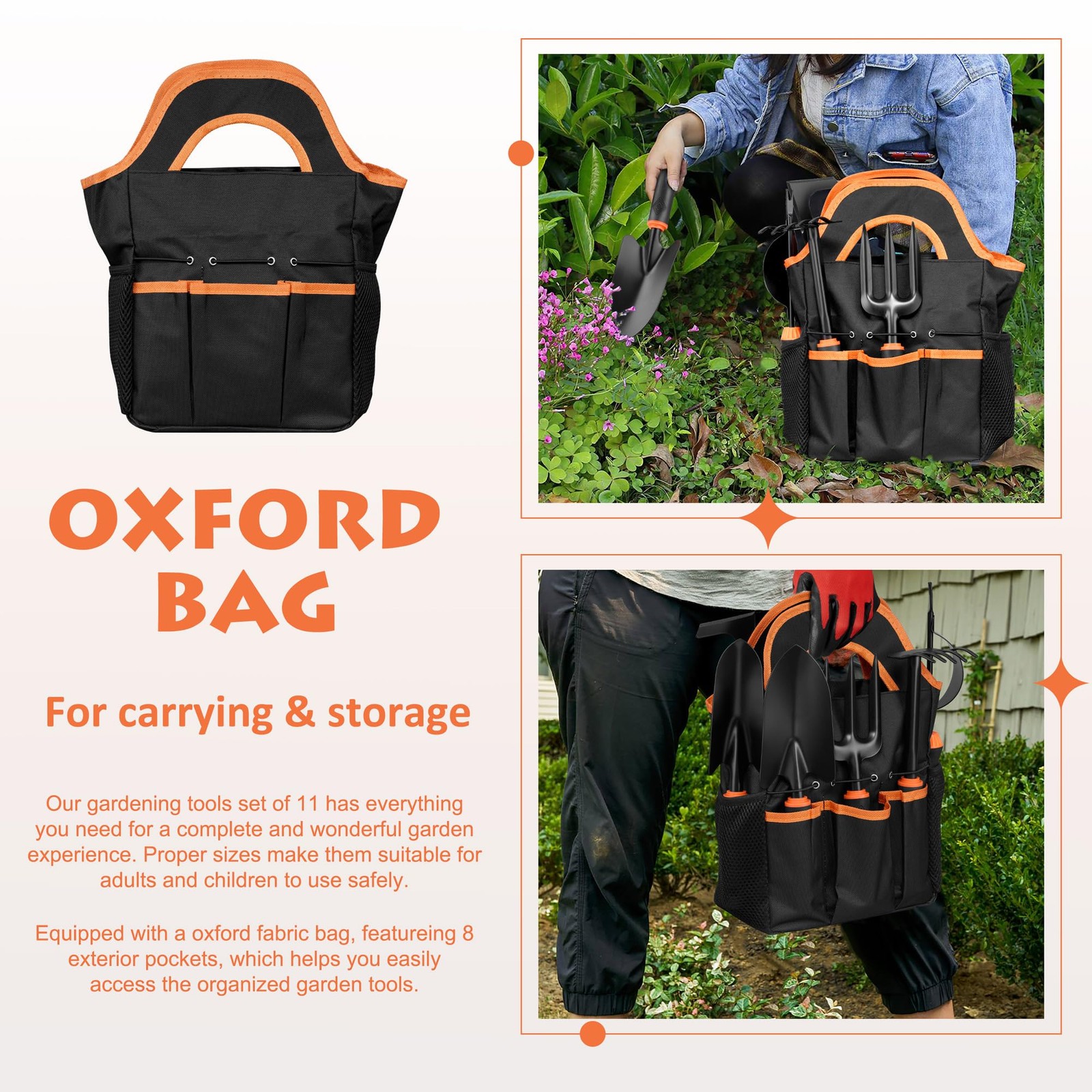 HaSteeL Garden Tools Set, 11 Pcs Gardening Supplies Hand Tool Black, Orange
