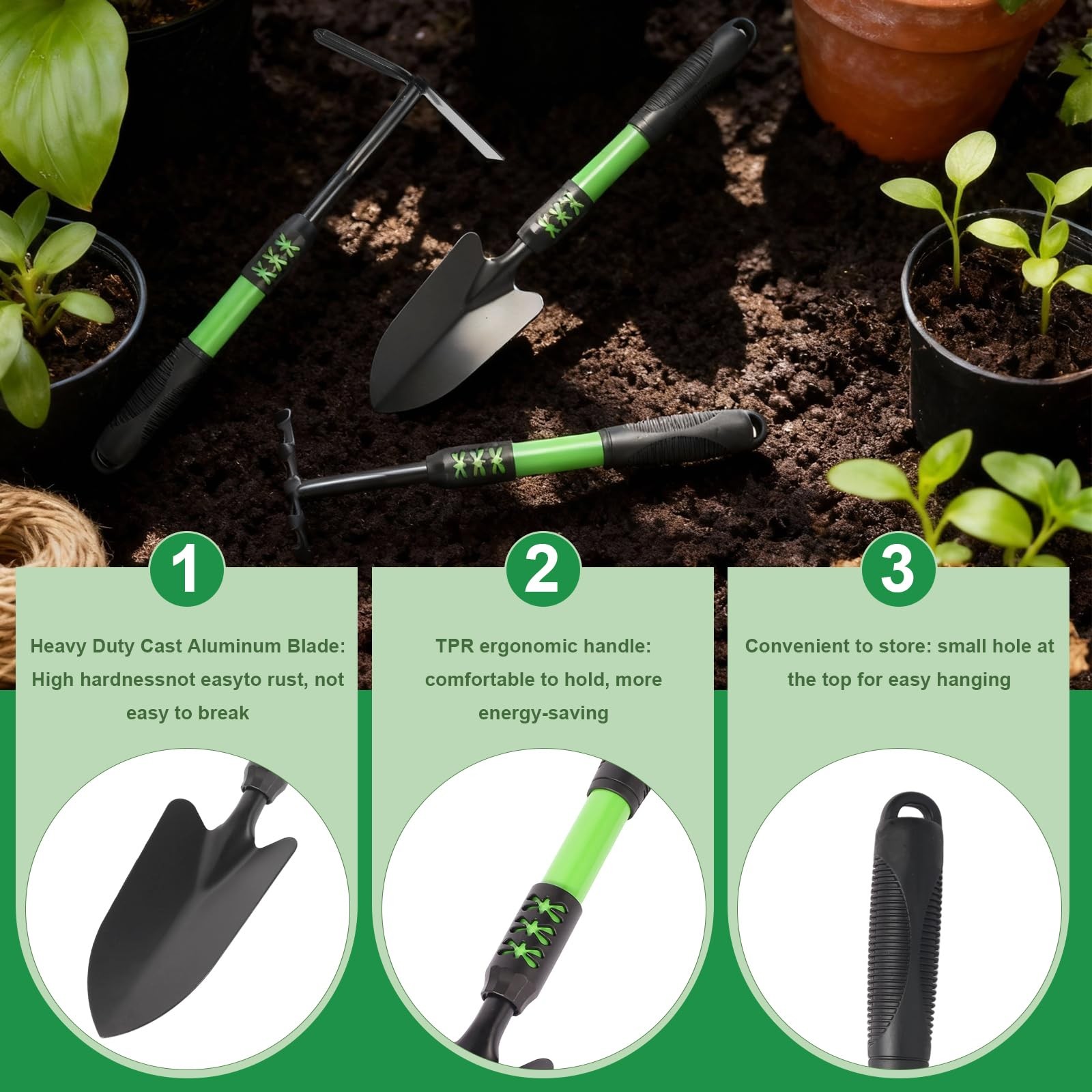 3 PCS Green Garden Tool Set Trowel Rake Hand Shovel Rubber Non-Slip Grip