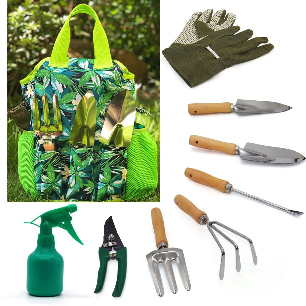 9-Piece Garden Tools Set with Gloves and Colorful Tote – Gardening Kit