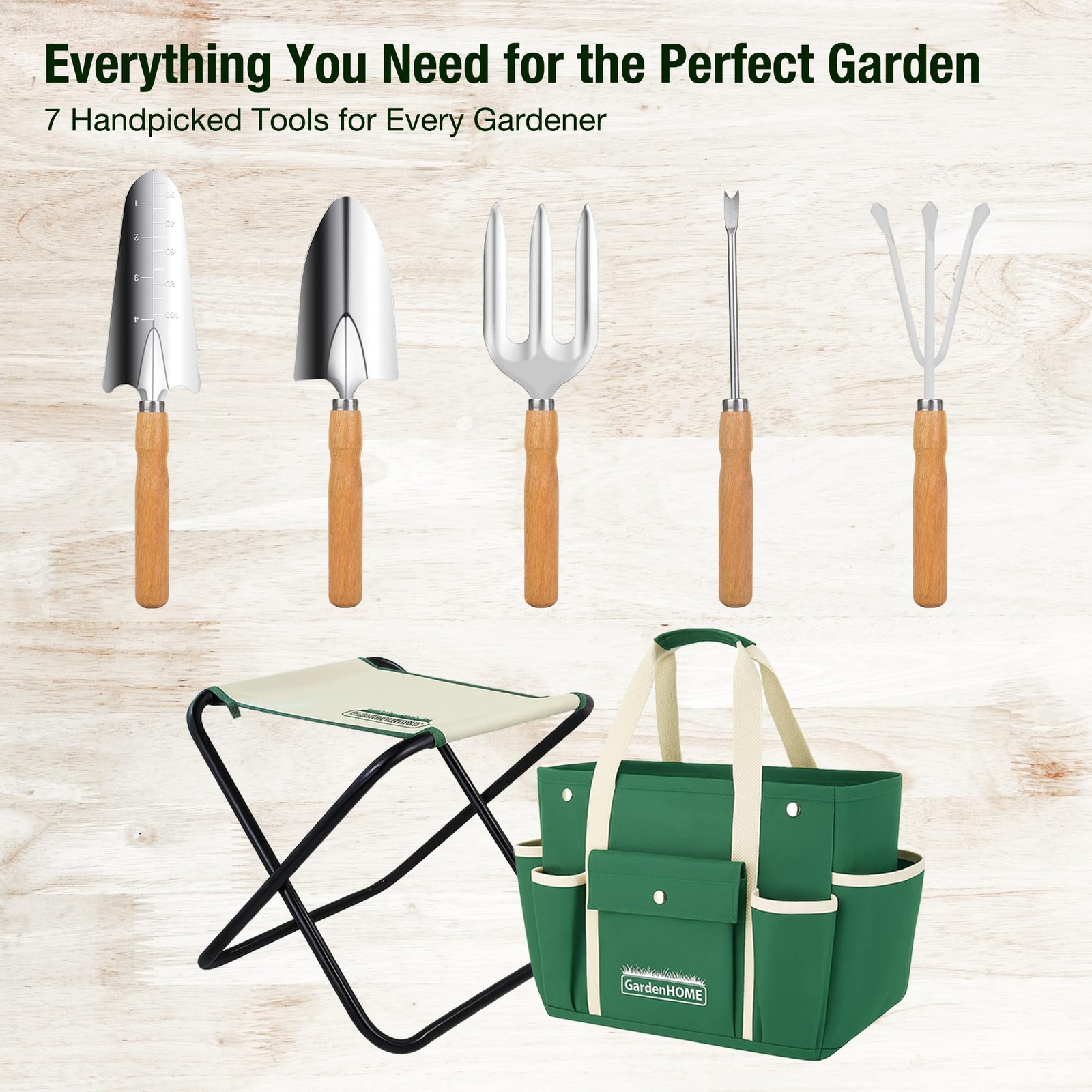 7-Piece Gardening Tool Set – Stainless Steel Tools, Stool & Tote for Gardeners