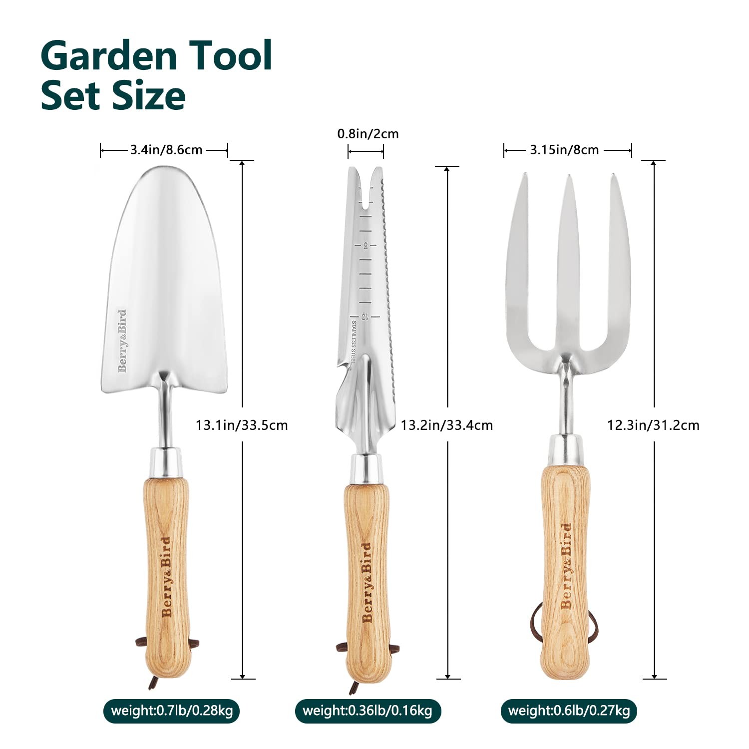 3 PCS Stainless Steel Gardening Hand Tool Set Wood Handle Trowel Fork Weeder