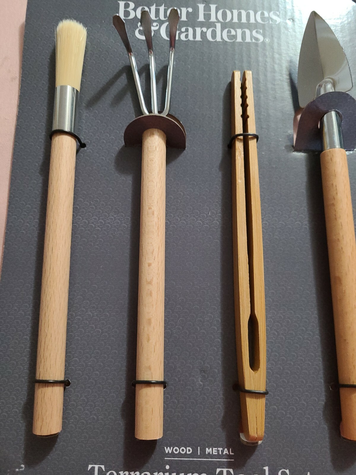 Better Homes & Gardens Terrarium Tool Set Wood Metal Rake Shovel Brush Tweezers