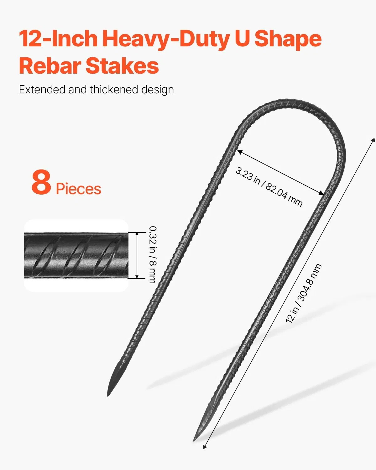 Rebar Stakes, 12-Inch, Heavy-Duty 0.32 in Diameter U Shape, Galvanized Steel Gr