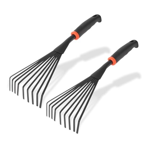 2 Pcs Gardening Hand Rake, 14.5″ Alloy Steel Short Handle Shrub Rake for Soil