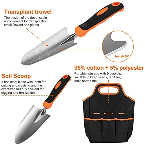 Gardening Tool Set 7 Piece Stainless Steel With Tote Bag Non Slip Grip Hand