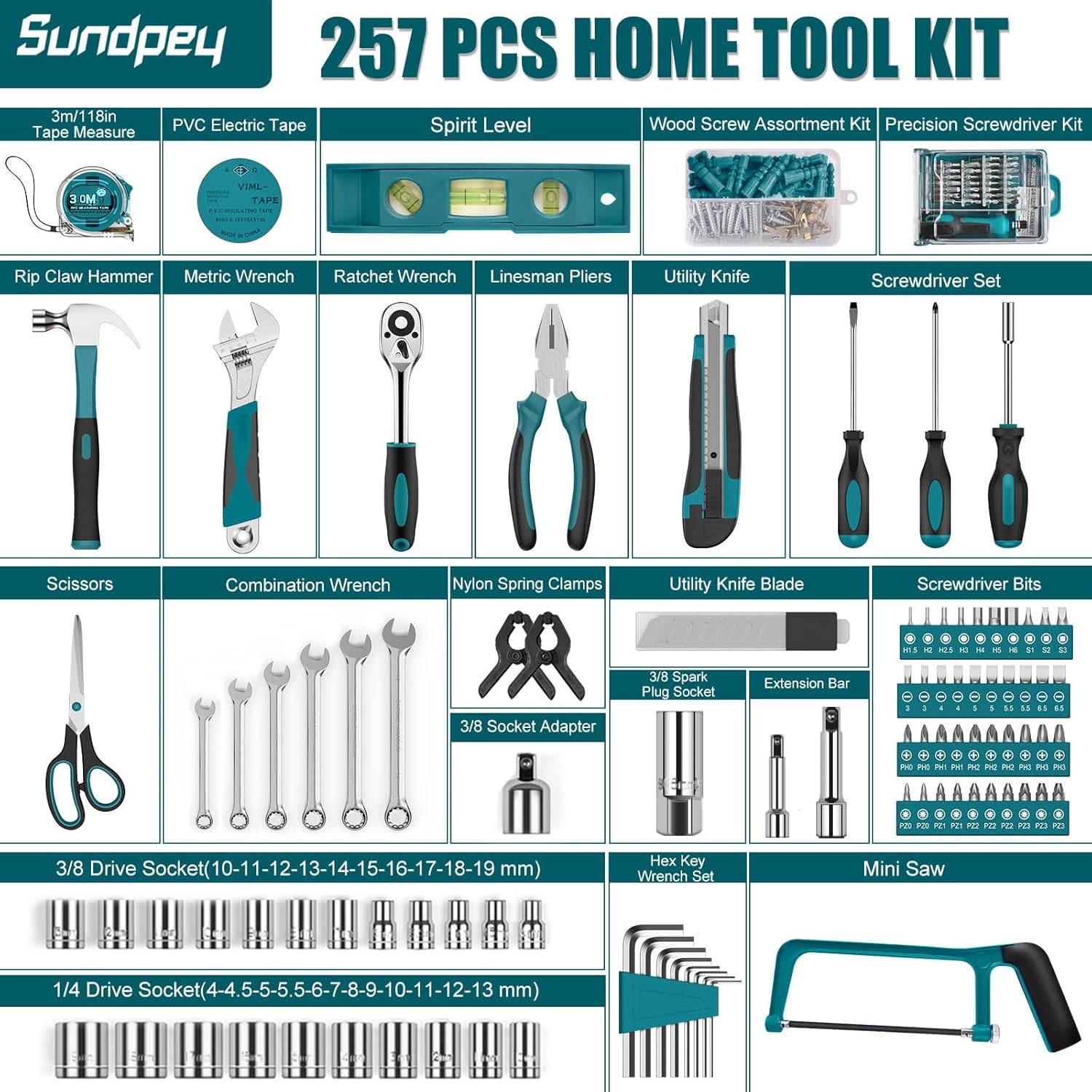 257Pcs Sundpey Blue Household Repair Tool Kit Storage Box