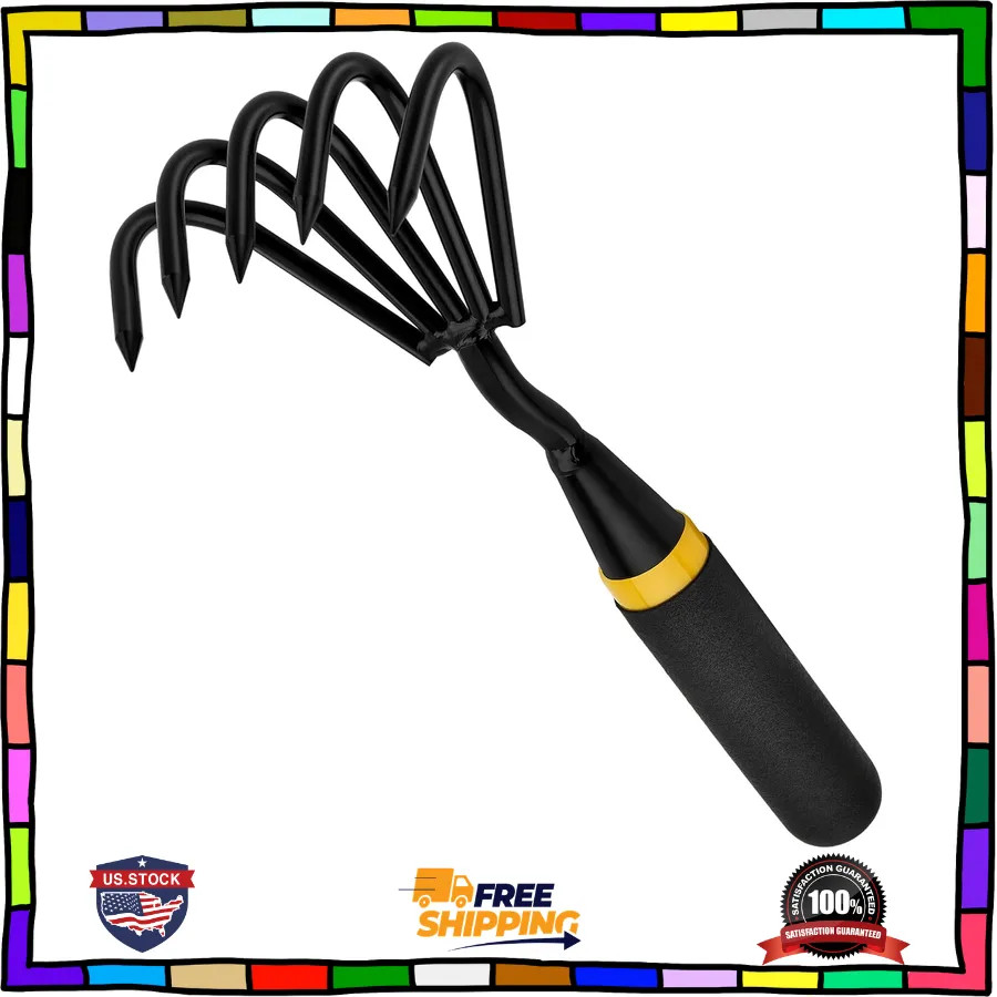 5-Claw Stainless Steel Hand Rake and Weeder Heavy Duty Garden Cultivator Tool