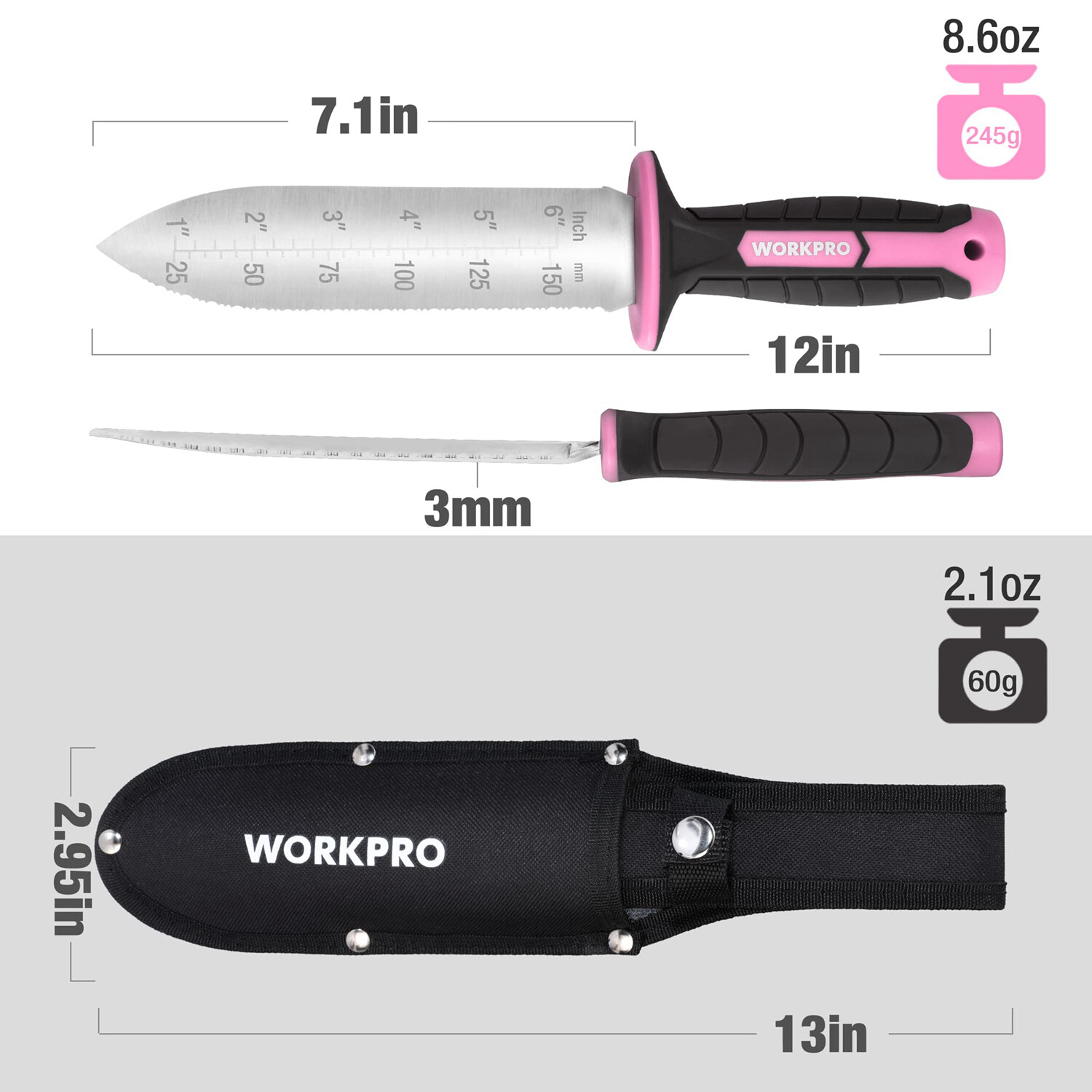 WORKPRO Hori Hori Garden Knife 7″Stainless Steel Blades Oxford Sheath Green/Pink