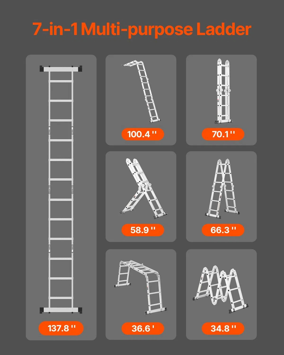 Multi-Purpose Folding Ladder, 7-in-1 Tall Step Ladder, A Frame 3 Step Adjustable