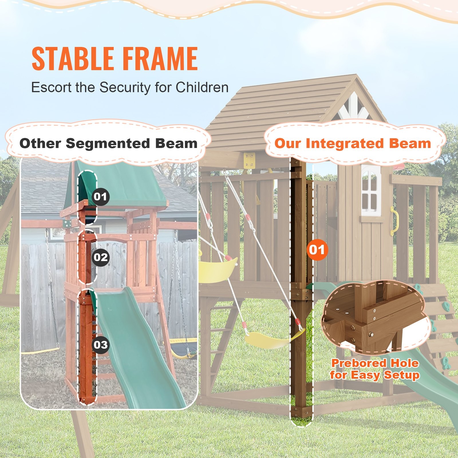 Wooden Swing Set,9 IN 1 Outdoor Playground Sets for Backyards,2 Swings,Trapeze B