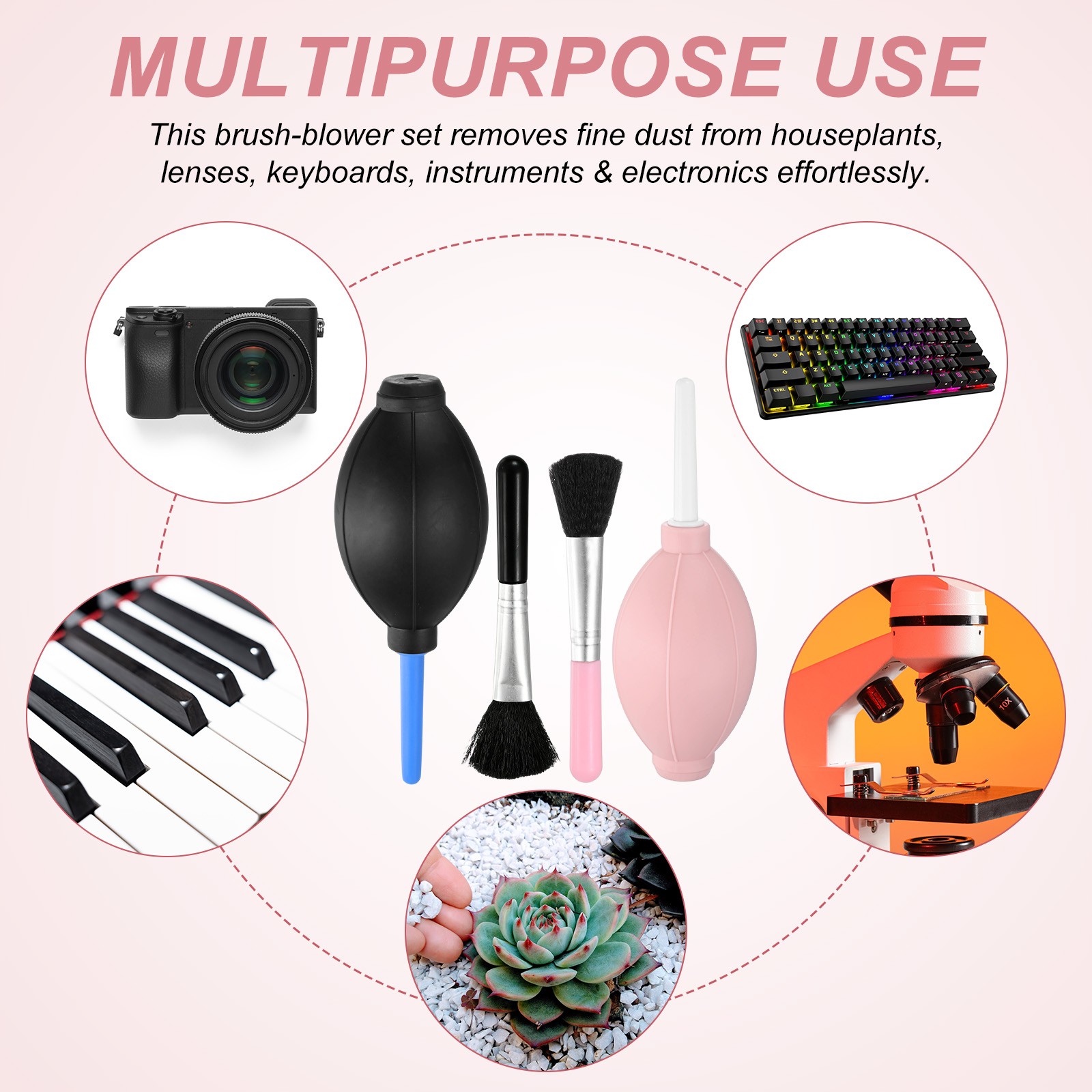 2-Set Plant Brush with Air Duster Blower, Succulent Cleaning Brush [Black/Pink]