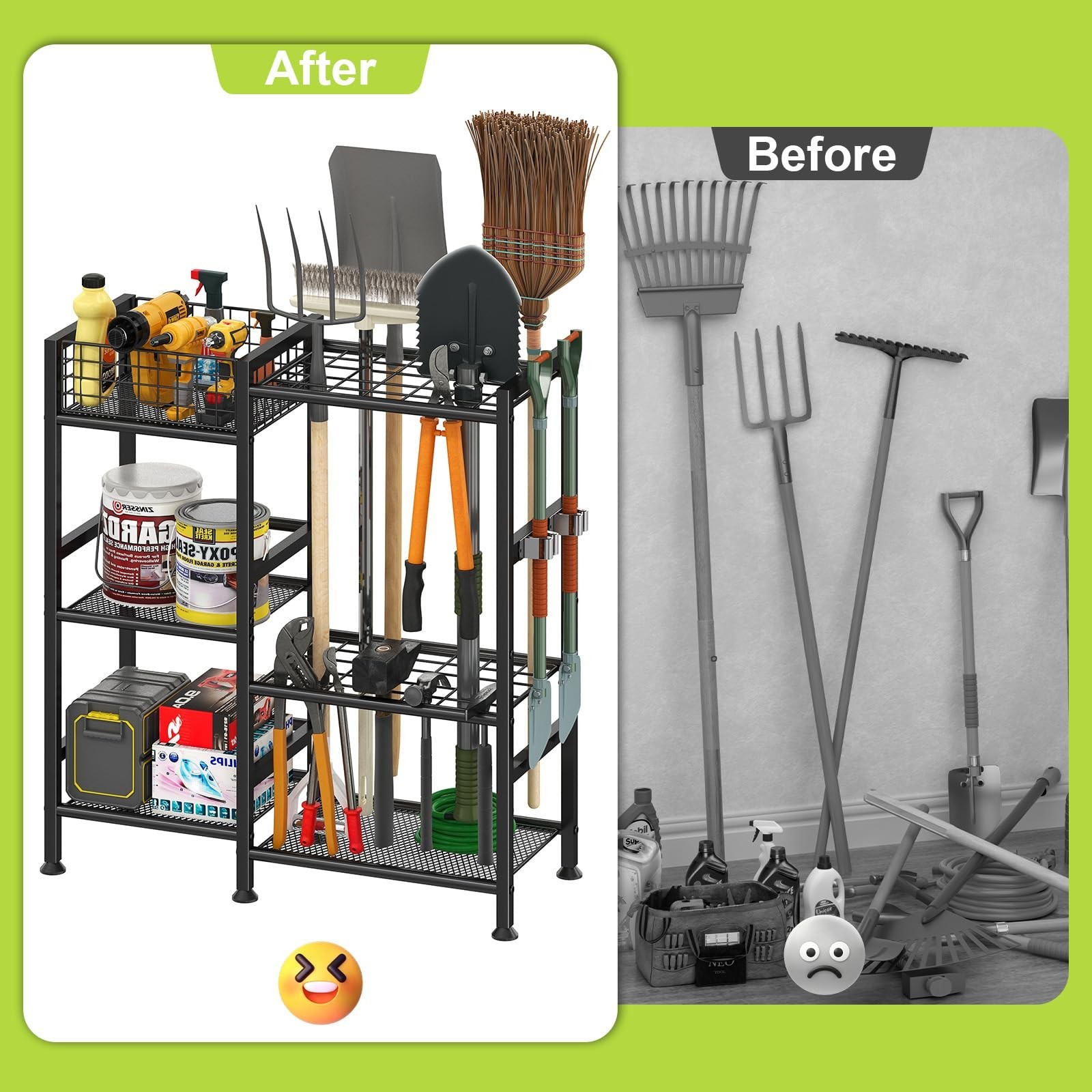keomaisyto Garden Tool Organizer With Basket – 3 Tier Yard Storage Rack for G…