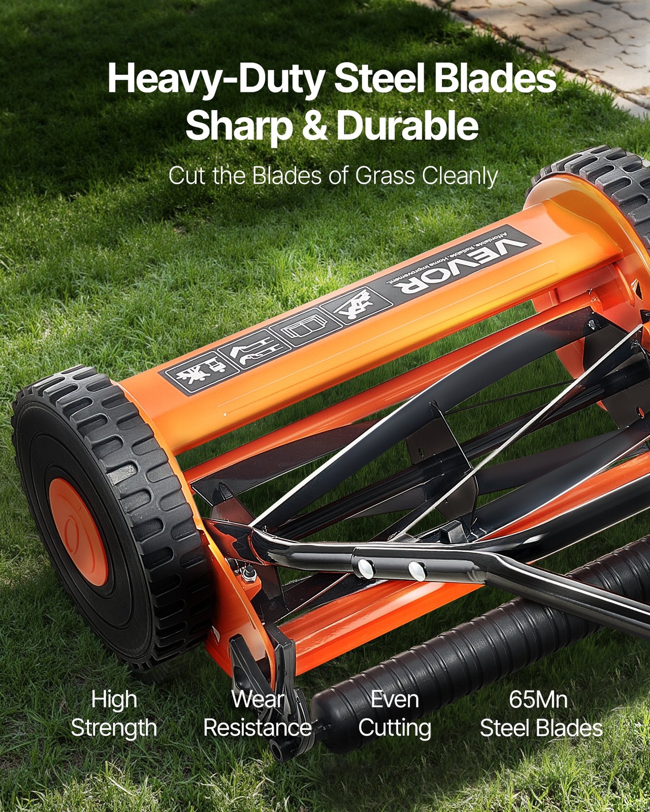 Push Reel Lawn Mower 16 inch,5 Blades Manual Push Mower No Motor,0.6-1.75 in Adj