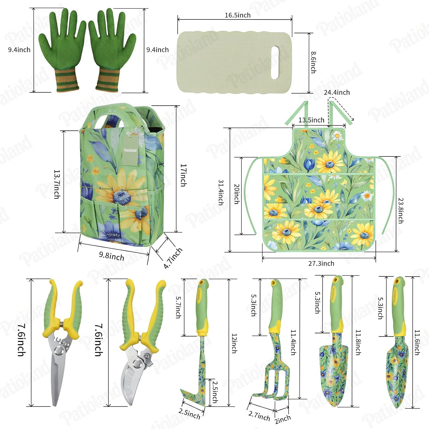 10-Piece Garden Tool Set – Green Floral Gardening Hand Tools with Non-Slip Handl