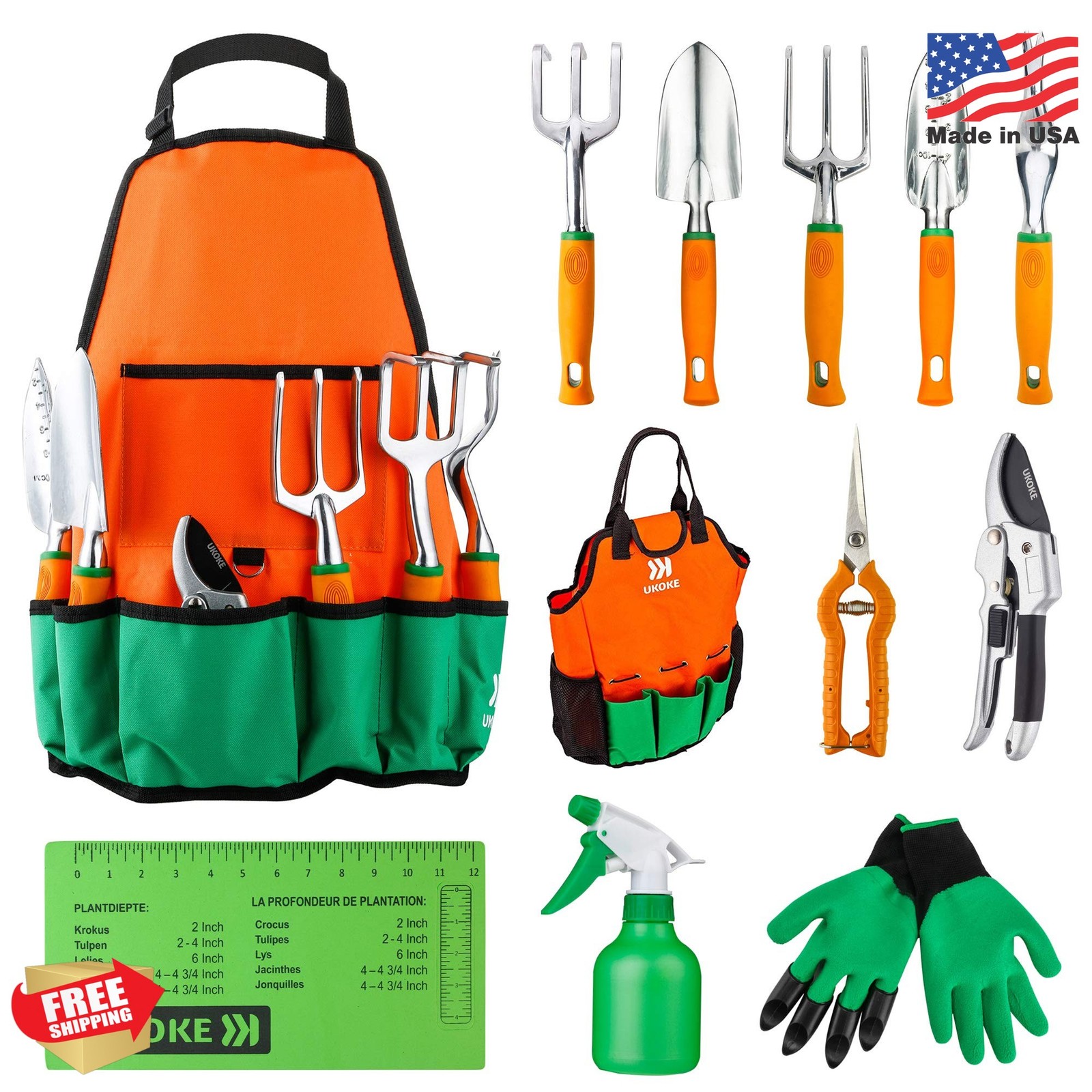 UKOKE Garden Tool Set, 12 Piece Aluminum Hand Tool Kit, Garden Canvas Apron with