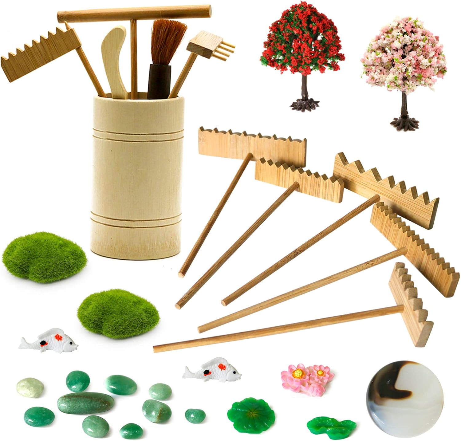 Zen Garden Tools Kit with Rake, Bamboo, Stones for Meditation and Decor