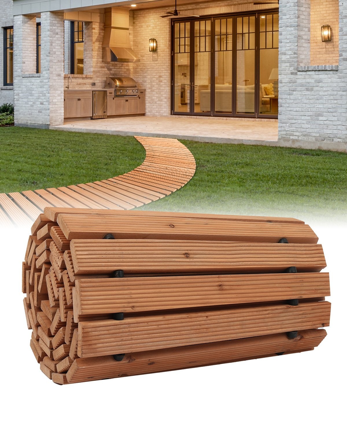 Wooden Garden Pathway, 8 ft x 17 in, Non-Slip Curved Garden Walkway, Roll Out Ce