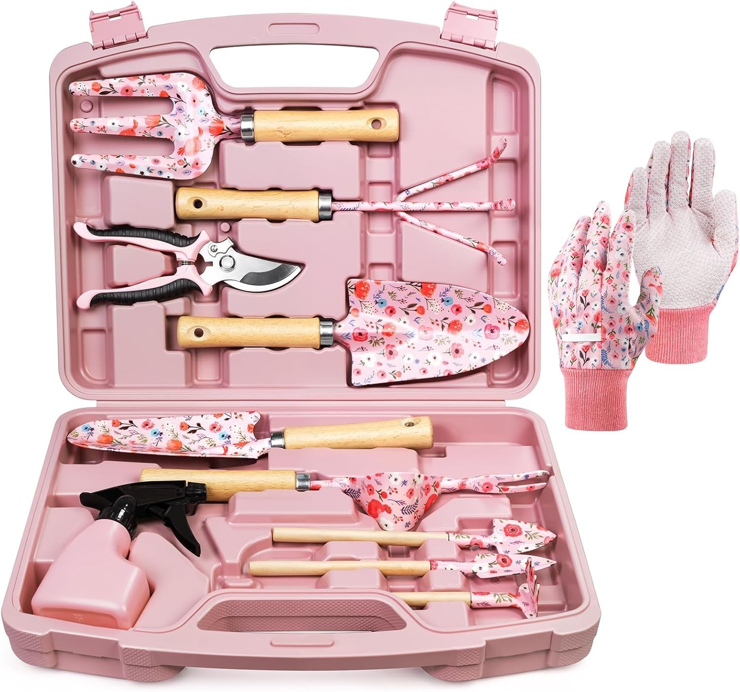 Elegant 12-Piece Gardening Tools Set, Rust-Proof & Ergonomic, Pink Floral Design